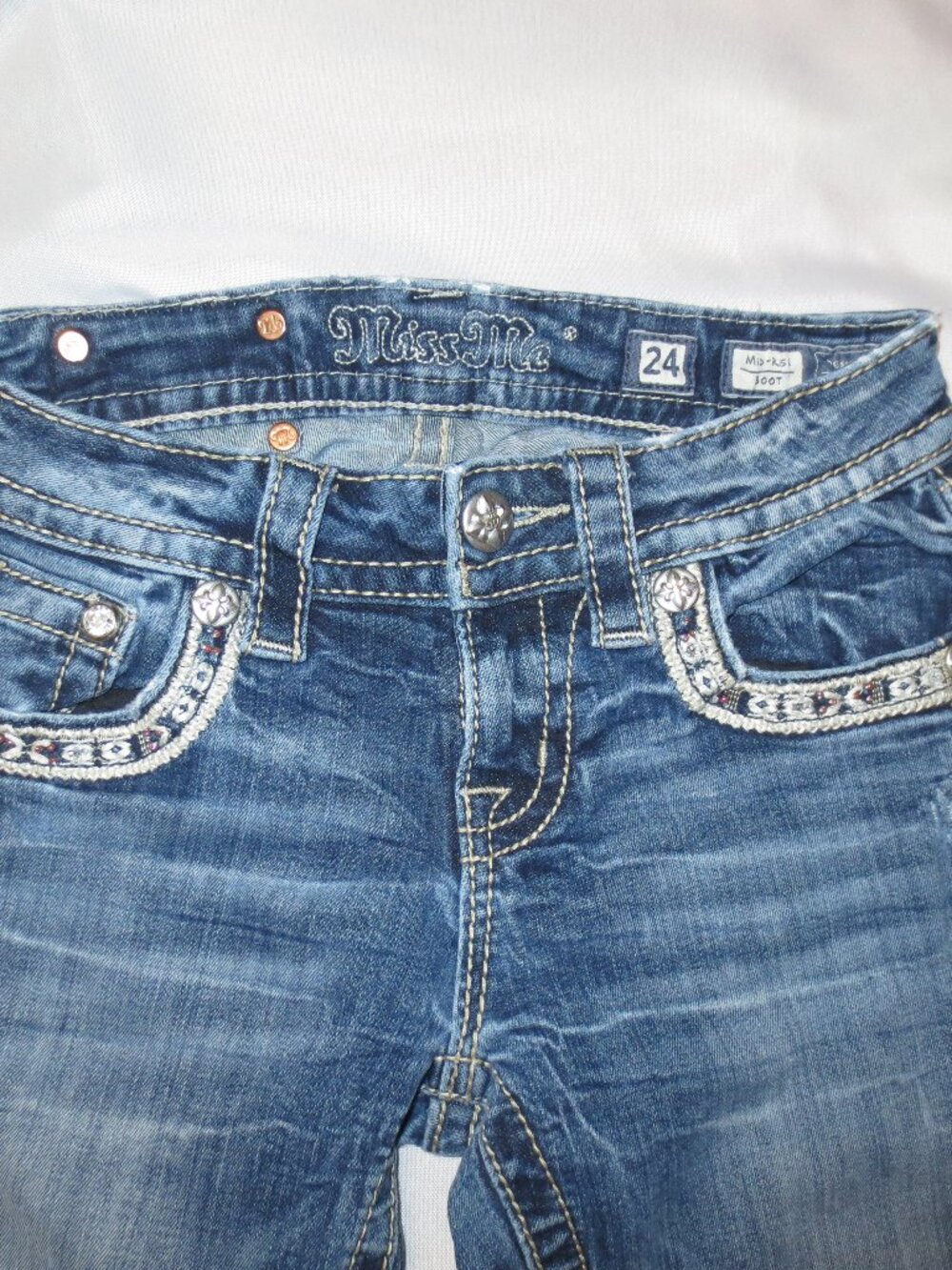 MISS ME womens JEANS blue MID-RISE denim BOOTCUT embroidered pockets SIZE 25 - Picture 6 of 13